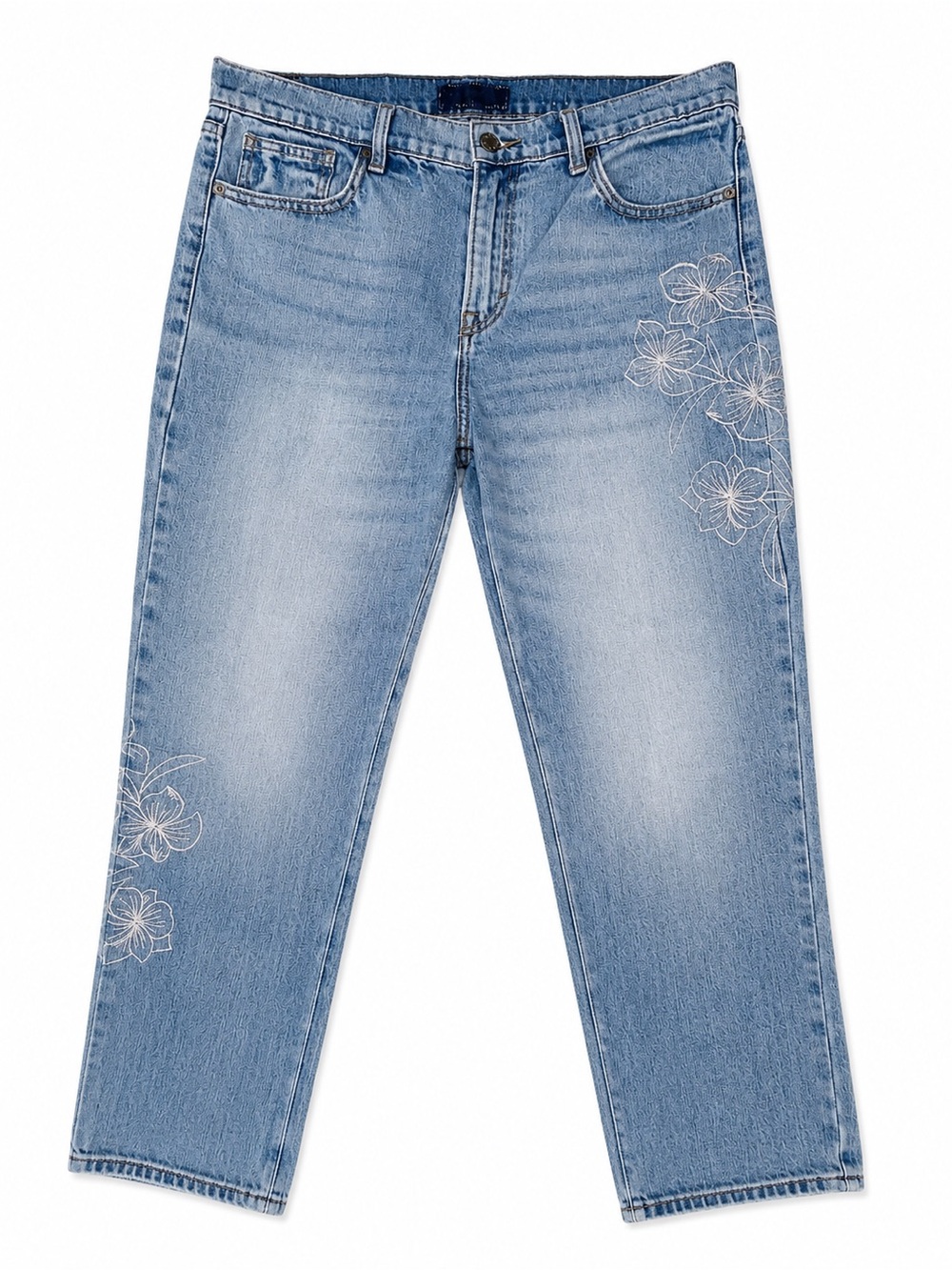 Lucky Brand Light Blue Straight Leg Jeans with White Floral Embroidery